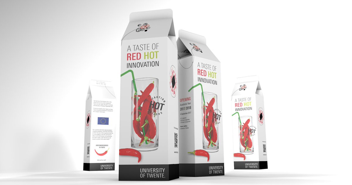 CreaUnit's tweet image. Voor de Opening van het Academisch Jaar bij UT bedachten wij het Red Hot concept: een pop-up drinkpak met rode pepers als uitnodiging. #UT