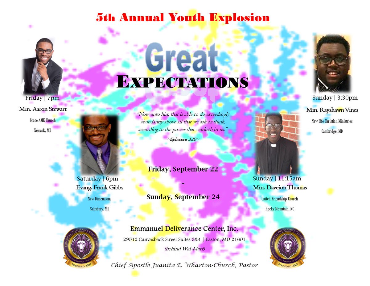EDC_Inc_07's tweet photo. EDC's 5th Annual Youth Explosion! 
Fri., Sept. 22nd-Sun., Sept. 24th
!!!!!GREAT EXPECTATIONS!!!!!
Ephesians 3:20
*DON'T MISS IT* https://t.co/e5ejaUIrnp