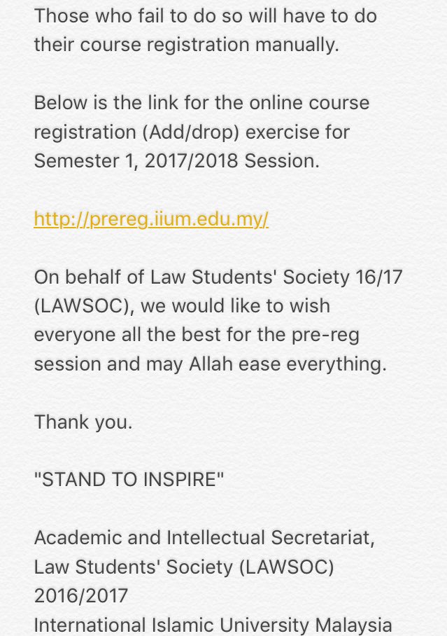 iiumlawsoc's tweet photo. #StandToInspire #Lawsoc1617

[UPDATE ON NEW DATES FOR ONLINE COURSE PRE- REGISTRATION SEMESTER 1 2017/2018 SESSION] https://t.co/FxuICaBHUN