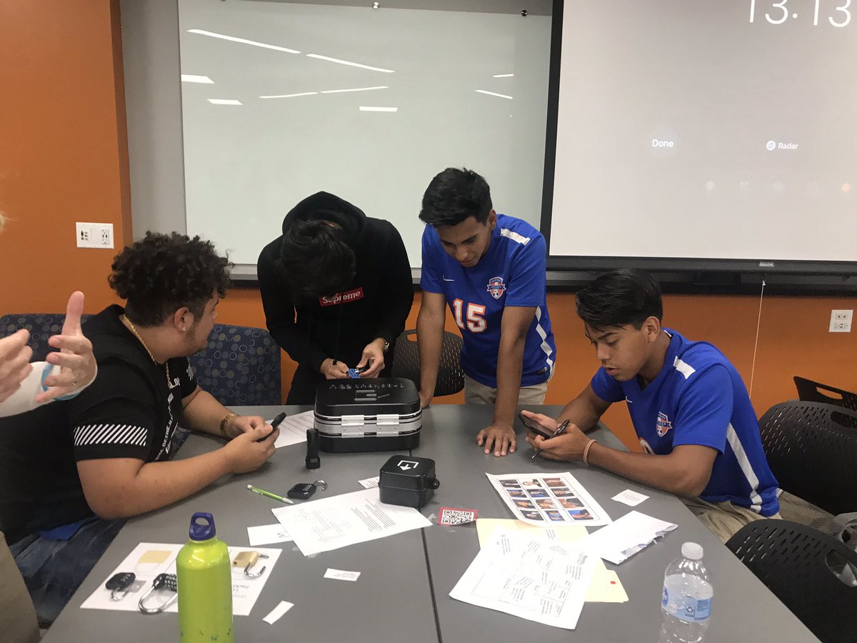 HEHSBusinessEd's tweet photo. Business Incubator students try to solve problems to break into these boxes!  #teamwork #breakoutedu #HoffmanHawks. @D211Inc https://t.co/z370s2iv9G
