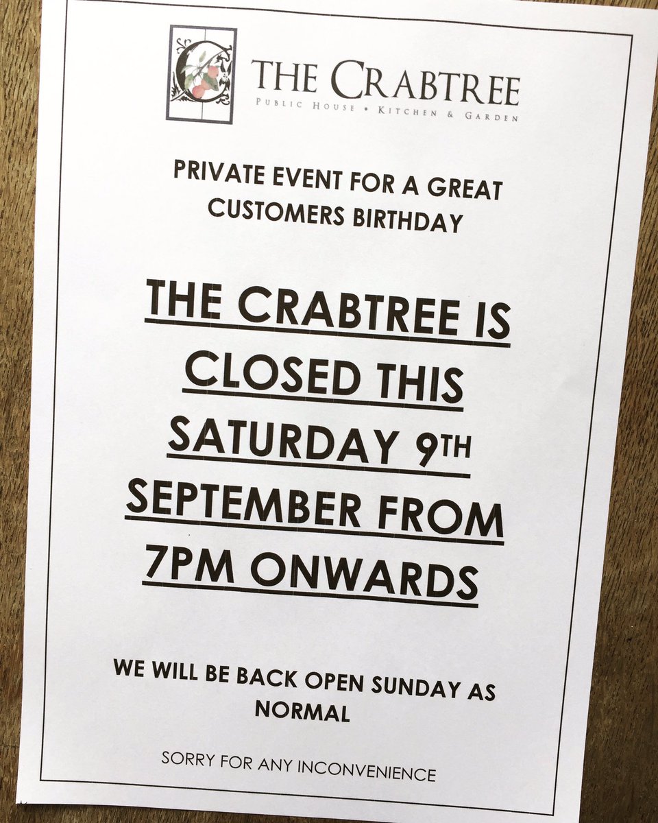 TheCrabtree's tweet photo. We are closed to the public this Saturday night! A private party for two amazing regular customers. Sorry for any inconvenience #crabtree https://t.co/kavWnzPXhE