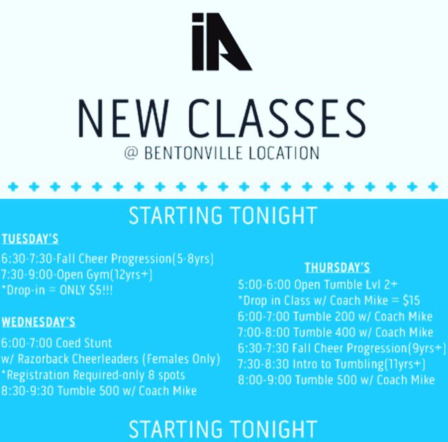 ARCheerDynamix's tweet photo. ๐NEW CLASSES in Bentonville!*Registration Required unless noted* #tumbletuesday #bettertogether #iANorth #iA #OneGym #NWACheerUnity https://t.co/QOnwllT77C