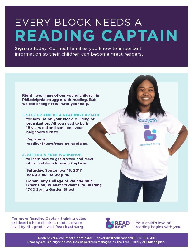 PhillyASAP's tweet photo. Become a #ReadingCaptain w/ @Readby4th! Sign up: https://t.co/KXFCjOgYwv @PHLschools #readby4th #earlyliteracy #PHLed https://t.co/85SOMiGb3u