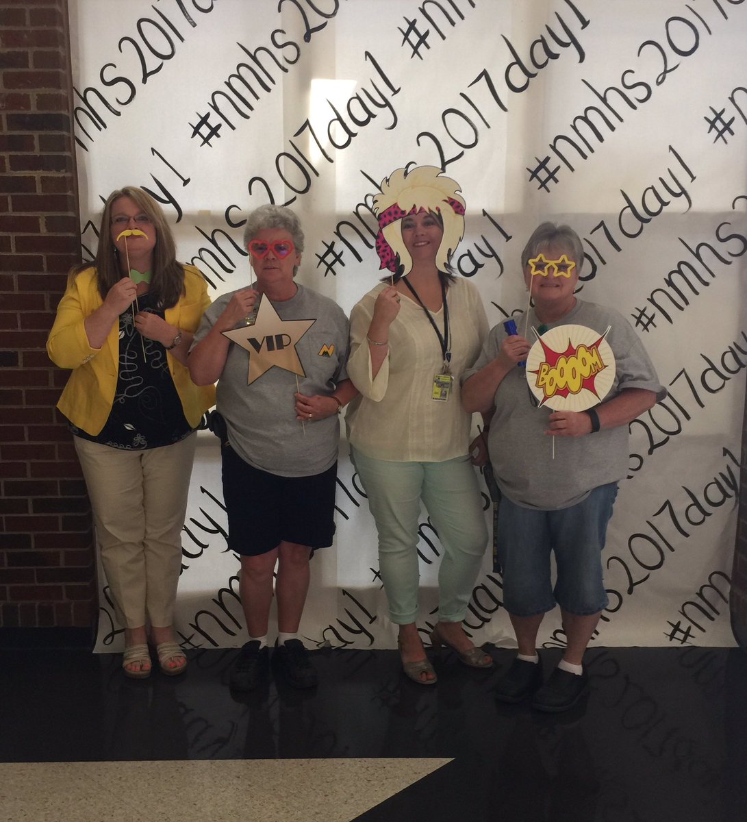 tracijenkins312's tweet photo. A media specialist, a cosmetology teacher and 2 of our custodians enjoying the 1st day!  #nmhs2017day1 https://t.co/5KYQzE04lX