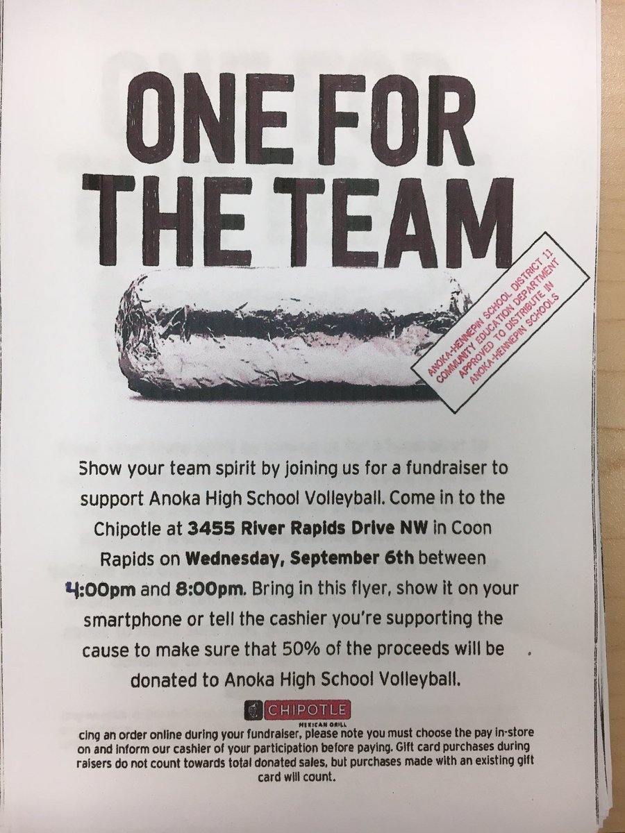 AnokaVB's tweet photo. Eat @ Chipotle tomorrow 4-8 and don't forget to mention anoka volleyball, or just show them this!! 🌯🏐 https://t.co/A6TwN5JZ8Q