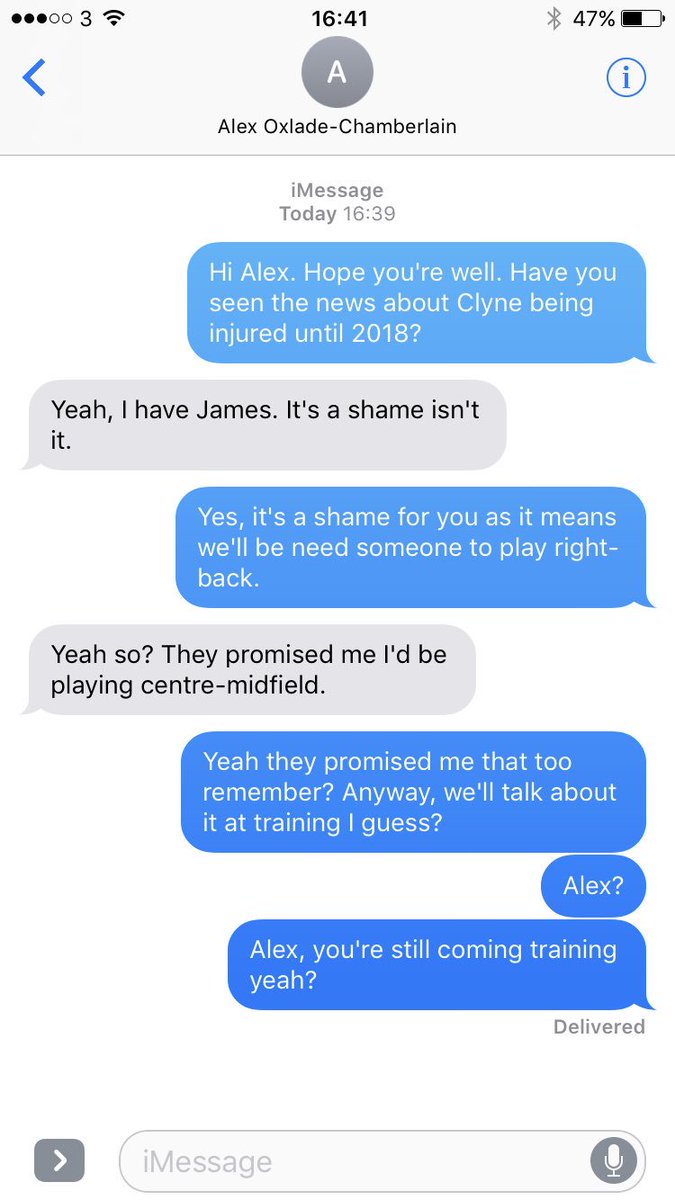 I just text Alex Oxlade-Chamberlain about Nathaniel Clyne's injury. I hope I see him in training this week.