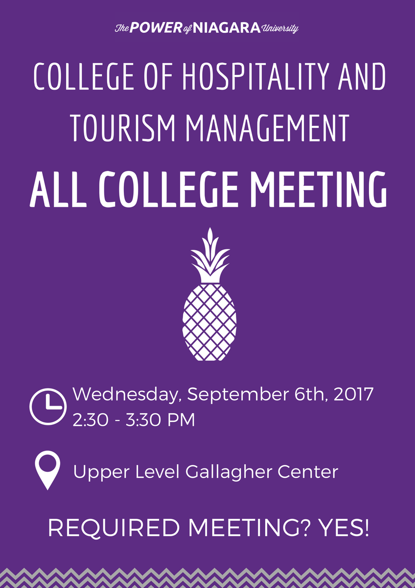 NiagaraCoHST's tweet photo. CHTM Students: See you at the All College Meeting tomorrow! Excuse letters for non-CHTM classes can be picked up at Dean's Office. https://t.co/EFOw33HvBt