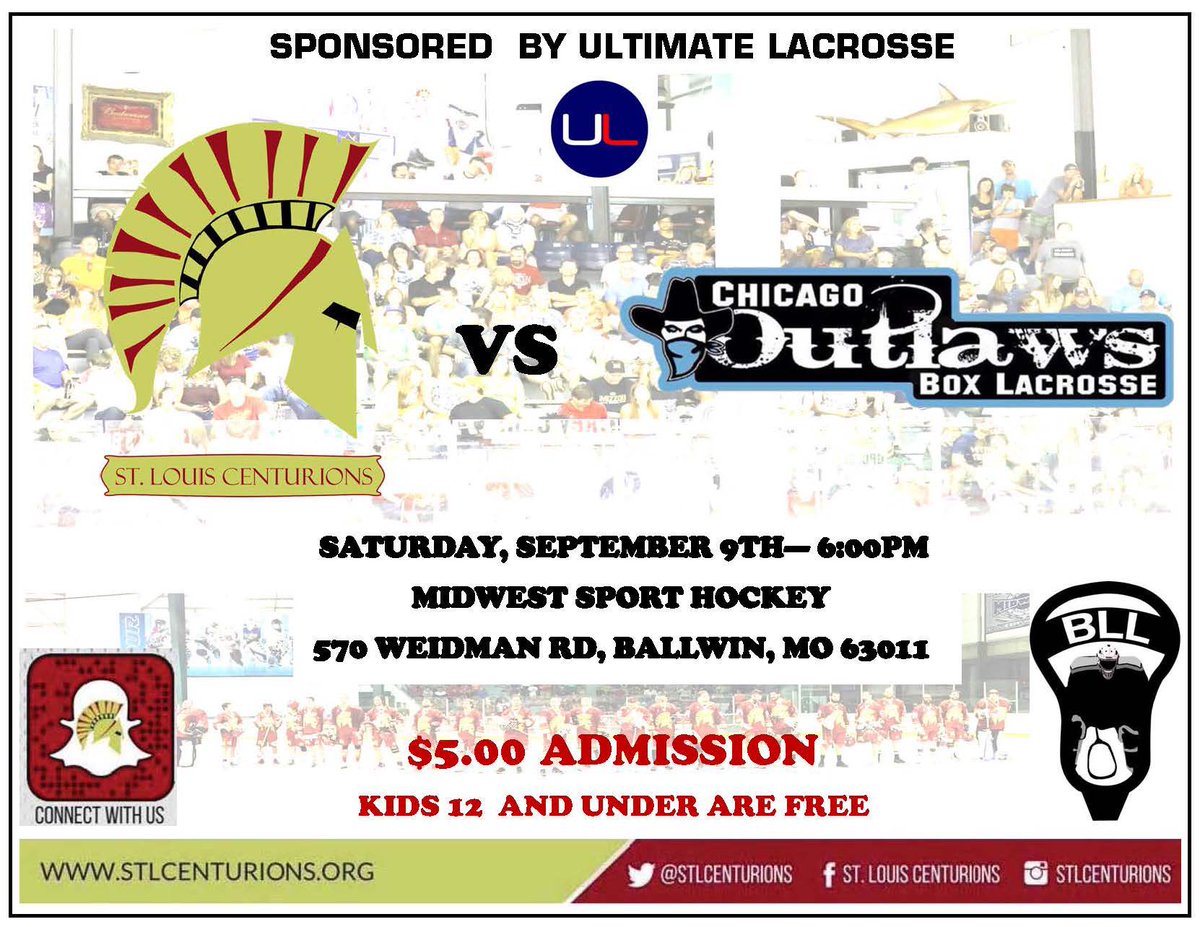 STLCenturions's tweet photo. Game week! Come see your St. Louis Centurions take on the Chicago Outlaws this Saturday at 6 pm! https://t.co/zAmpZbjbFH