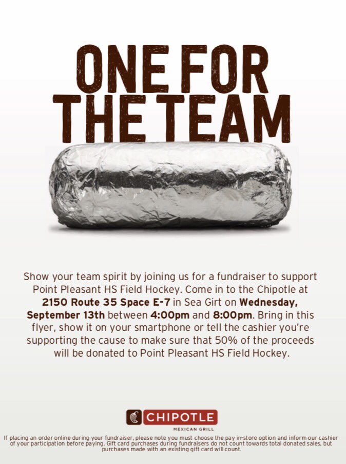 ptborofockey's tweet photo. Go to Chipolte in Seagirt on September 13th to support the field hockey team!!! 🌮🏑 https://t.co/Xm3SgtjD2c
