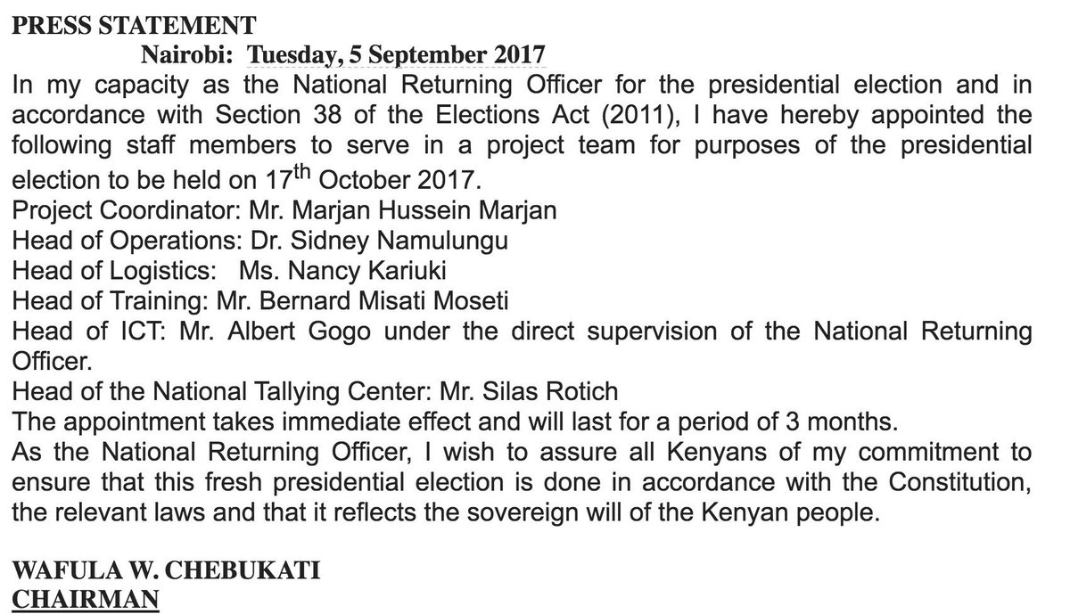 MukamiWaEmbu's tweet photo. IEBC names project team for fresh presidential election on 17th October #RaoNotReady #NikoTayari https://t.co/asnlKcPHfR