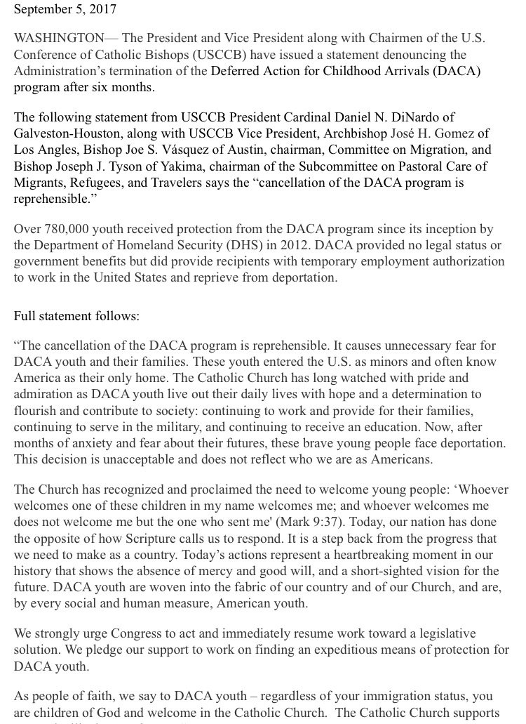 The President and Vice President of USCCB, along with chairman, issue statement denouncing the Administration’s termination of #DACA