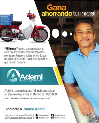 BancoAdemi's tweet photo. En cualquier sucursal abre tu cuenta de ahorro #MiInicial y participa para ganar premios en efectivo de RD$5,000 con #BancoAdemi https://t.co/zCNgh5gsQ2