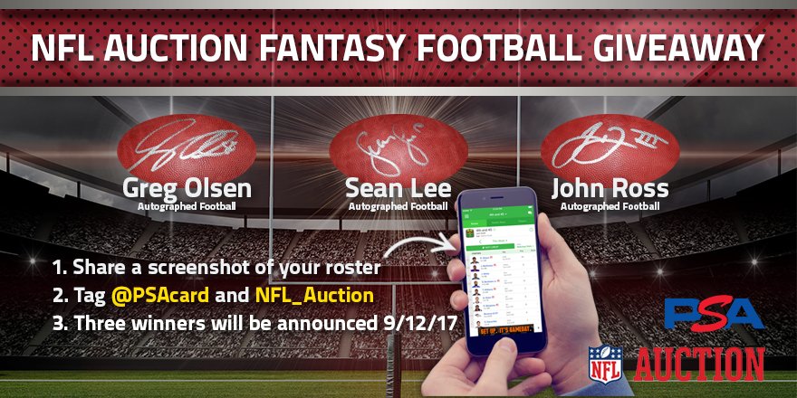 PSAcard's tweet photo. RT to spread the word! Our Twitter #FantasyFootball contest has officially started, c/o @NFL_Auction! Follow the steps and good luck! https://t.co/AlVStgYHw2