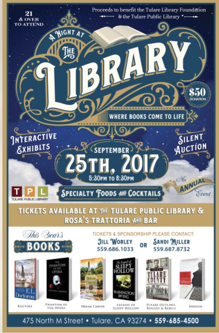 TulareVoice's tweet photo. The @tularelibrary will be hosting "A Night At The Library" on September 25th! Proceeds benefit the Tulare Library Foundation. https://t.co/oHOqlzYc5y