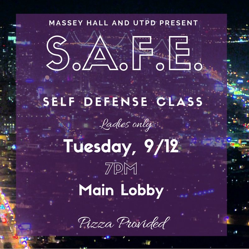 MasseyHallUTK's tweet photo. Ladies, do you want to learn how to defend yourself? Check out our S.A.F.E Self Defense class with @UTPolice NEXT TUESDAY (Sept. 12)!! https://t.co/v5df8FyjWm