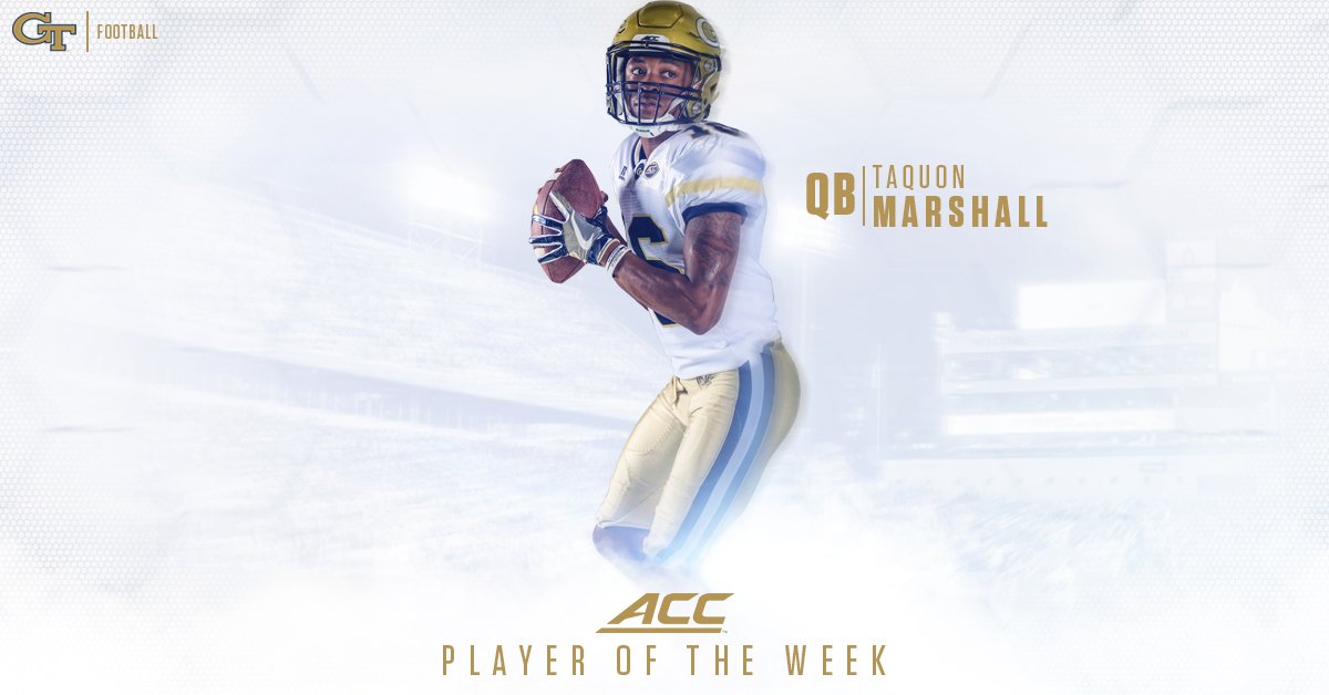 GeorgiaTechFB's tweet photo. For his record-setting debut as starting quarterback, TaQuon Marshall is the @ACCFootball Offensive Back of the Week #TogetherWeSwarm https://t.co/VJ203OapqN