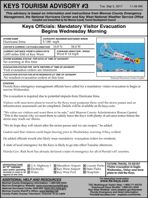 NBCNews's tweet photo. JUST IN: Florida Keys officials call for mandatory visitor evacuation to begin Wednesday ahead of potential impacts from Hurricane Irma https://t.co/5uGHkJBtBV