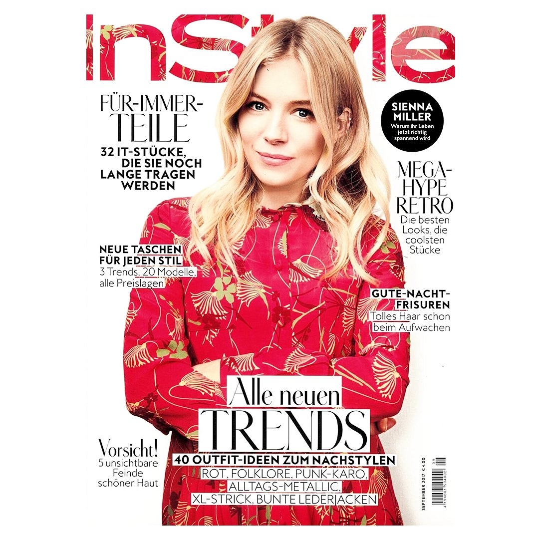 MaisonValentino's tweet photo. #SiennaMiller rocks the #SeptemberIssue of @InStyleGermany in an overprinted lotus chemisier dress from the #PreFall17 Collection. https://t.co/HbJBo6RpNC