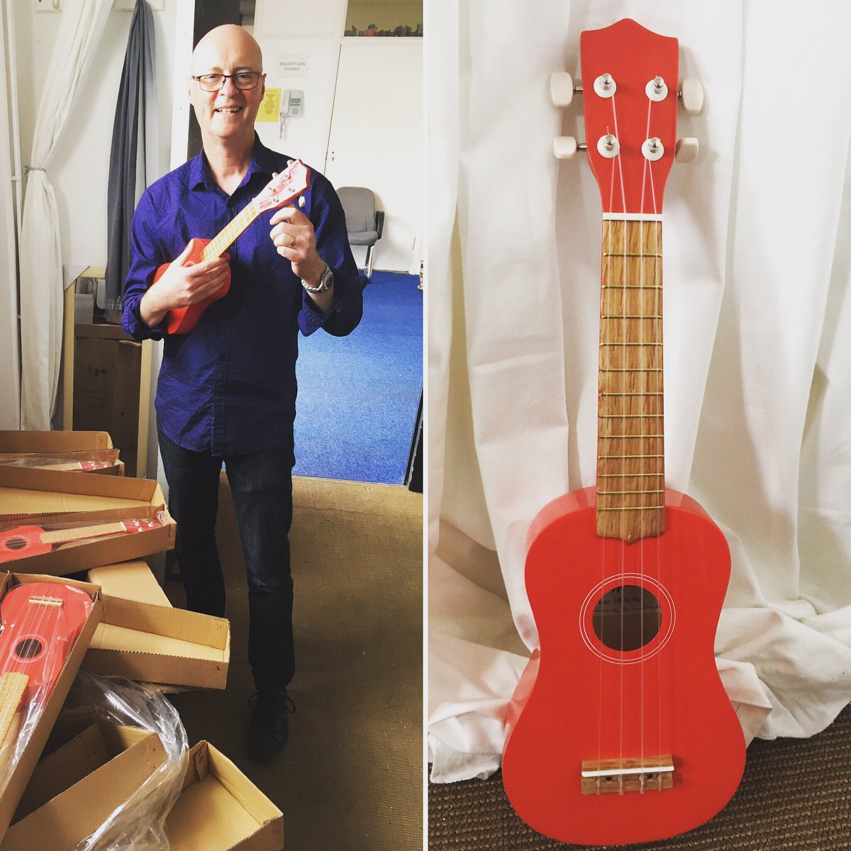 singinghands's tweet photo. Tuning up a big box of RED #ukuleles for our @PledgeMusic supporters with @PlayTheUke.  Recording in Hammersmith 7/10/17!! #Makaton https://t.co/FXcvz6GkG6