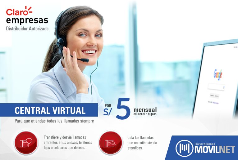 Inv_Movilnet's tweet photo. Central Virtual por S/ 5 mensual adicional a tu plan → https://t.co/jnXhJVNk1y #RedClaro #Claro #ClaroEmpresas #2PlayClaro https://t.co/HJ8ybrMmZ0