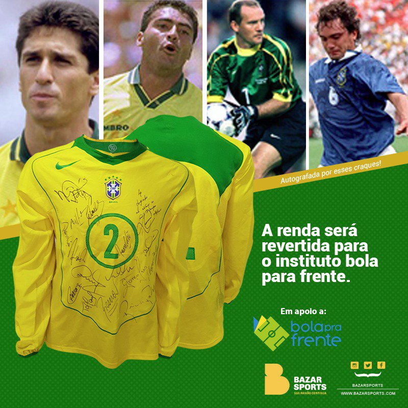 Tem leilão em andamento com camisa autografada por essas lendas ai! Participe! Renda para o Instituto <a href="/bolaprafrente/">Bola Pra Frente</a> bazarsports.com