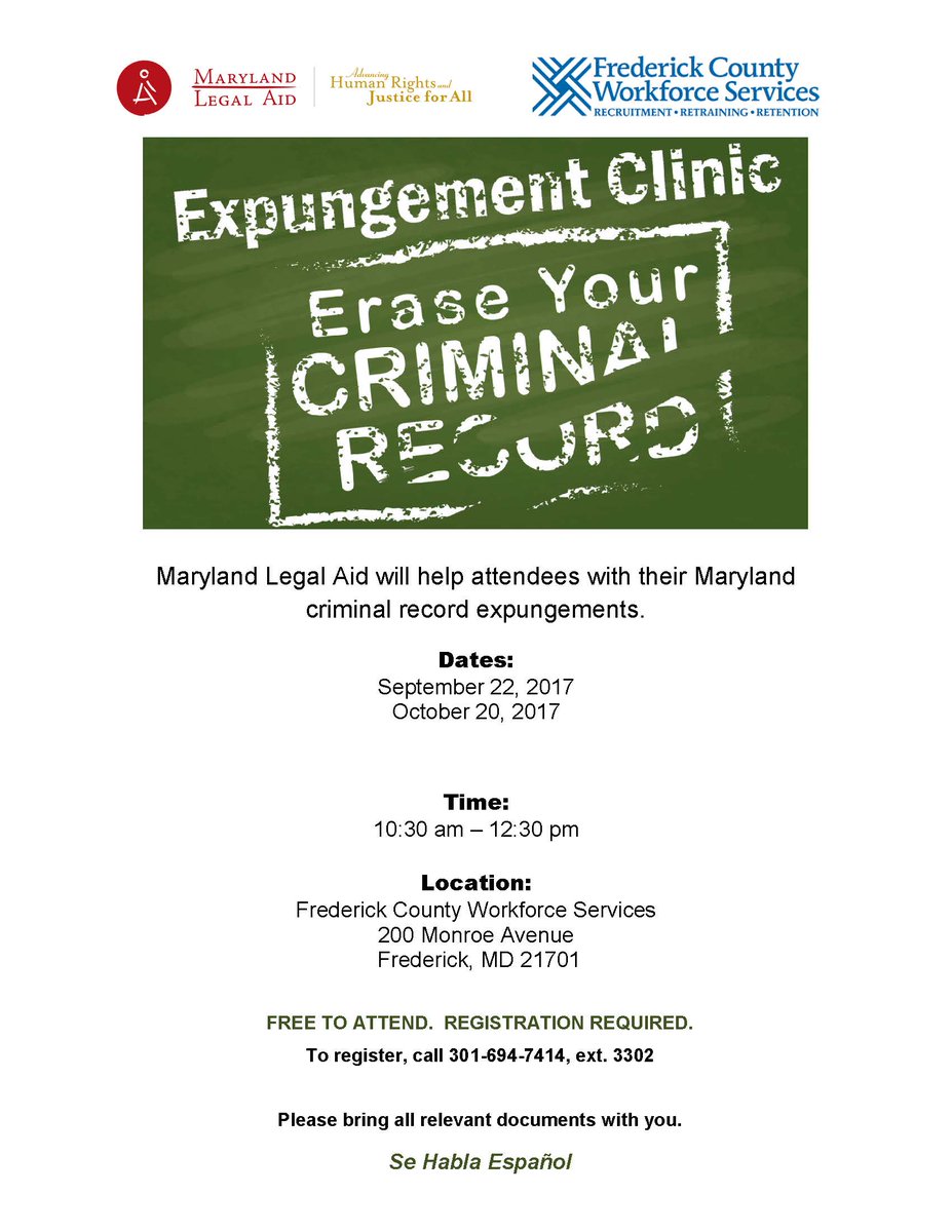 Upcoming expungement clinics in Frederick Co! Check mdlab.org for a complete list of legal clinics near you.