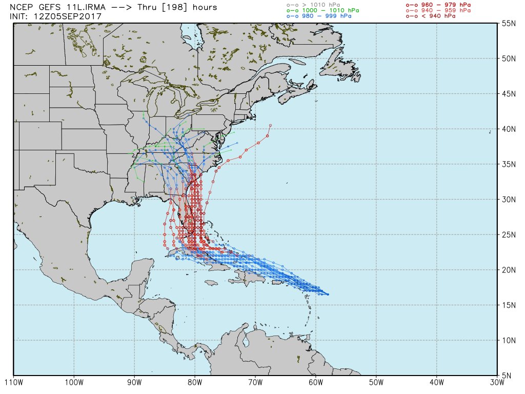 Pretty good clustering of tracks in 12z GFS ensembles. All signs continue to point toward major Florida effects.