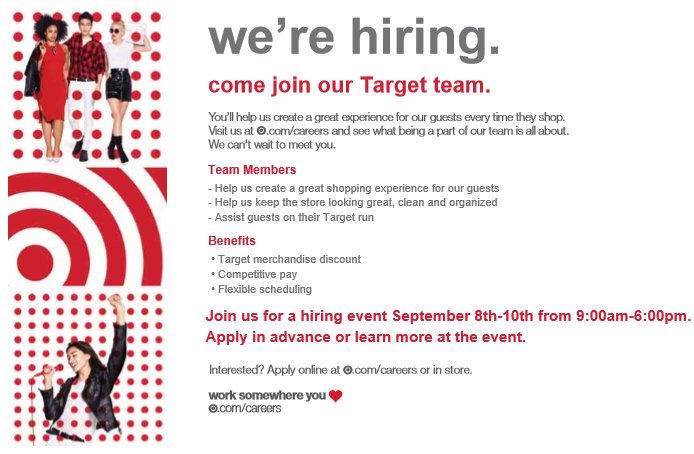 KateMosher12's tweet photo. Come see us at Livonia Target - 29451 Plymouth Rd Sept. 8-10 at 9a-6p to apply and learn more! #worksomewhereyoulove #T2230 @JessMoliterno https://t.co/nEEfOwuLso
