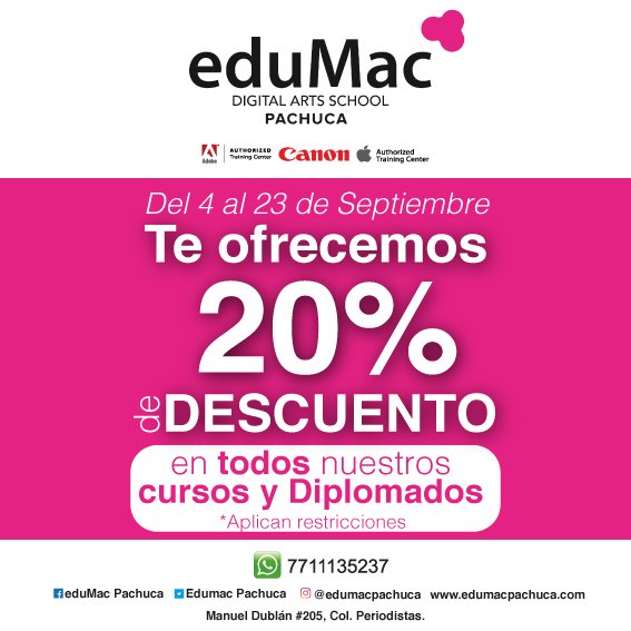 EdumacPachuca's tweet photo. ¡No te pierdas la promoción!
Todos nuestros cursos y diplomados con el 20% de descuento.
Aplican restricciones #eduMacPachuca https://t.co/ABmP7mGh01