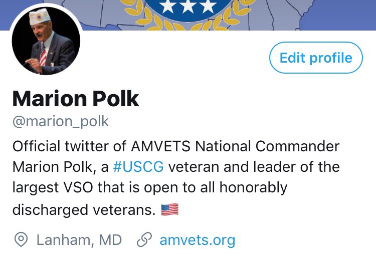 AMVETSHQ's tweet photo. Our newly dubbed National Commander Has join us on #Twitter at @marion_polk. Let's give him a warm welcome into the social media scene! 📲🌎 https://t.co/ZvUE1QaoQM
