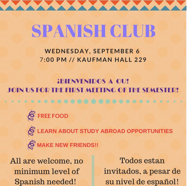 It’s a new semester, why not join a new club?? Come to the first Spanish club meeting tomorrow at 7! All levels of Spanish welcome!!