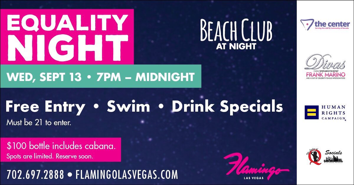 FlamingoVegas's tweet photo. Mark your calendars for #EqualityNight Sept.13th! Free entry, drink specials, games and more! #BCNight #LGBTQ π https://t.co/meqSZK573a