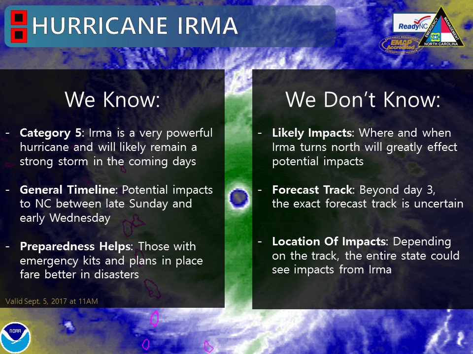 NCEmergency's tweet photo. Here's the skinny on #Irma and what we know - and don't know-  right now. Stay tuned in coming days. Be #ReadyNC. https://t.co/QRHJVRVahW