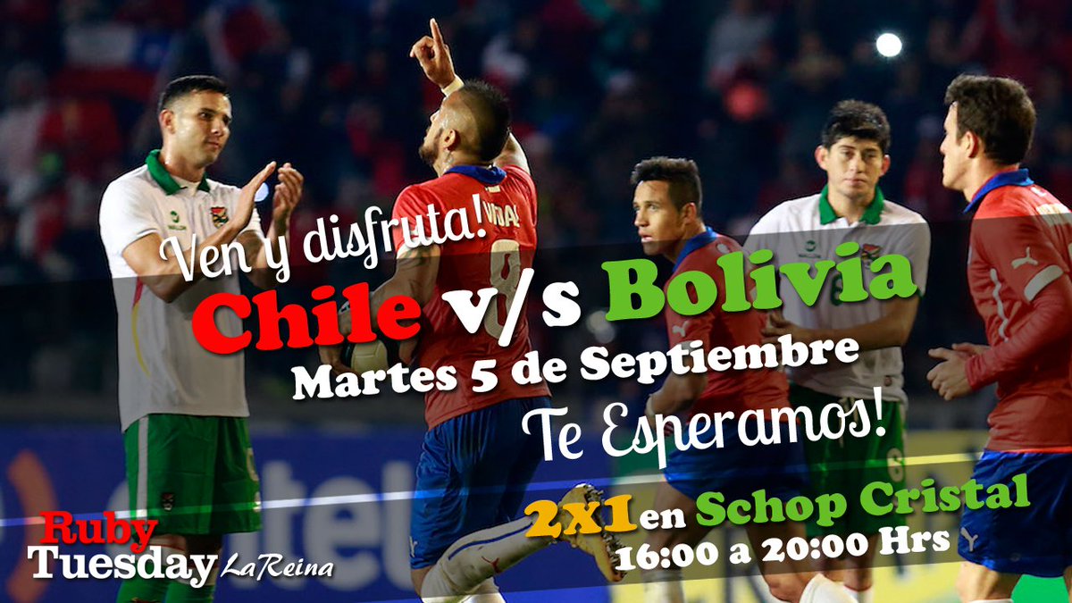 RubyLaReina's tweet photo. Apúrate !! ... cada vez queda menos !!
Los esperamos con 2x1 en Schop Cristal para el partido Chile v/s Bolivia de 16:00 - 20:00
#LaRoja https://t.co/1sG712wqoH