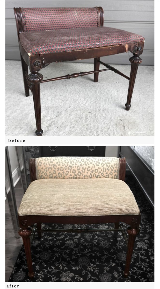 SchusterDesign's tweet photo. #TransformationTuesday: This #VanityChair was reconstructed, refinished, and reupholstered with coordinating #Fabrics by #VirginiaTesi! https://t.co/qRMbPEECs2
