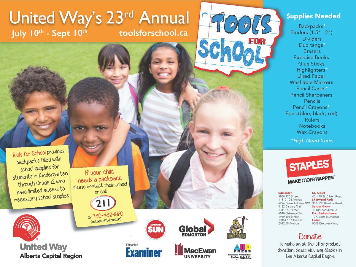 myunitedway's tweet photo. Help reduce the barriers to success in school by donating to Tools for School. Donations can be made online or at any Staples location! https://t.co/BBv7oZhzsB