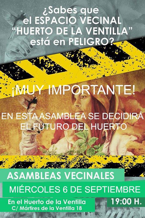 El Huerto de Ventilla #SeQueda
Miércoles 6 de septiembre, 19h en el Huerto (c/ Mártires de la Ventilla, 18)
