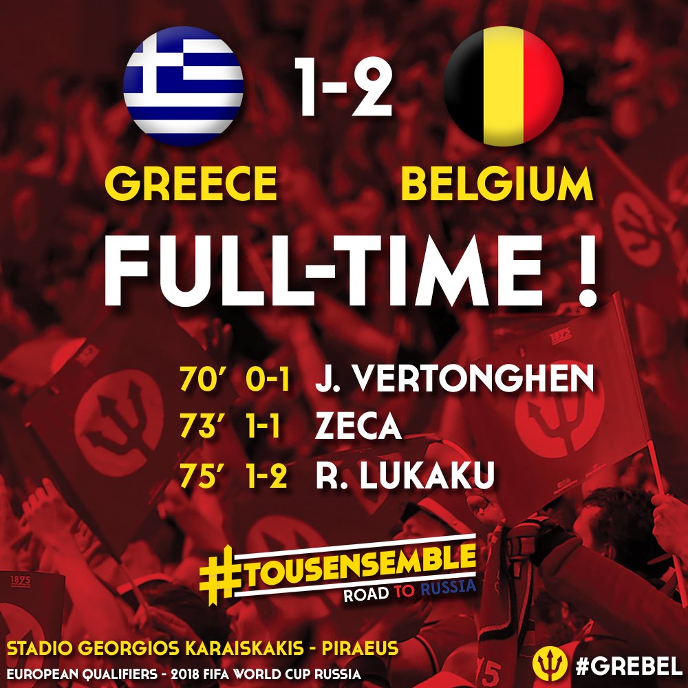 BelRedDevils's tweet photo. Full-time 🇬🇷🆚🇧🇪 1-2 !! #GREBEL #RoadtoRussia #WCQ https://t.co/ecLaPPPhk6