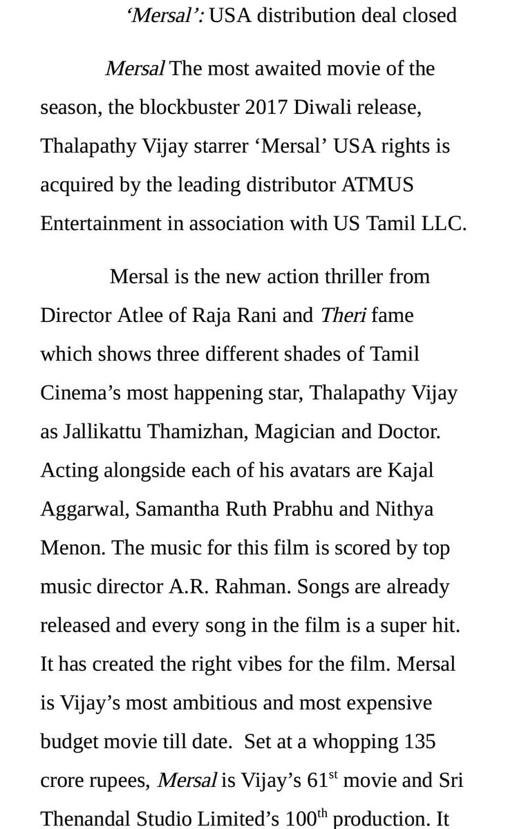 vijayfc_'s tweet photo. #Mersal USA distribution rights bagged by @ATMUSent, release in Tamil &amp; Telugu simultaneously for Diwali with premieres on Oct 17th https://t.co/QR6b6bosjG