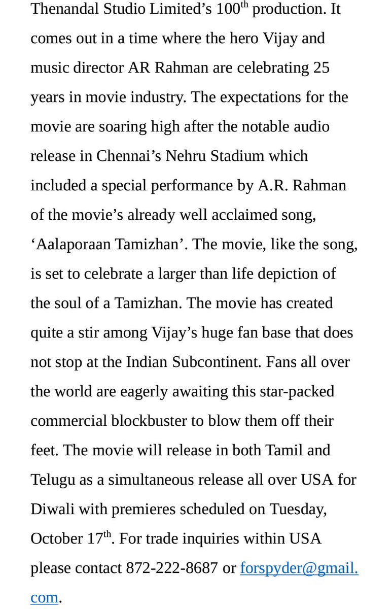 vijayfc_'s tweet photo. #Mersal USA distribution rights bagged by @ATMUSent, release in Tamil &amp; Telugu simultaneously for Diwali with premieres on Oct 17th https://t.co/QR6b6bosjG