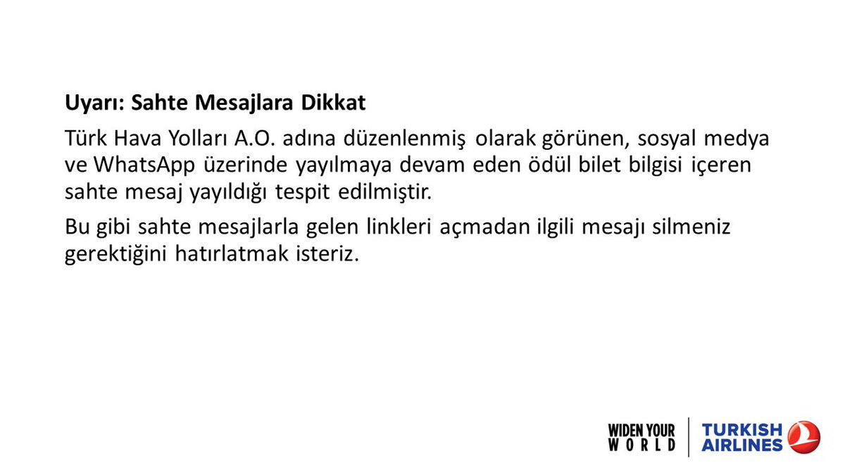 THY Adına Sahte Mesajlara İtibar Etmeyin 15 Ekim 2025