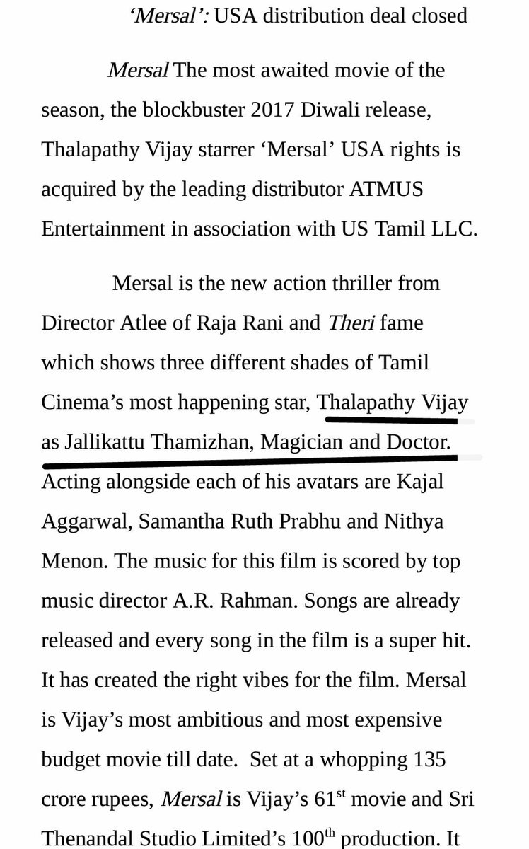 vijayfc_'s tweet photo. #Mersal USA distributor confirmed that #Thalapathy #Vijay is acting triple role #Jallikattu #tamizhan , #magician , #doctor @Hemarukmani1 https://t.co/tchTIrm8uL