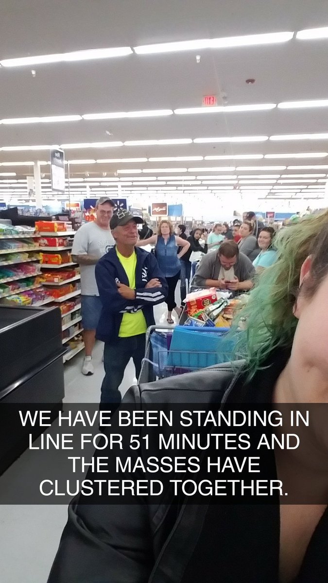 k8bartholomew's tweet photo. The population behind us has grown. @Walmart I'm not caffeinated enough for this. #LaborDayWeekend #cashiersneeded #dayoff #omg #retail https://t.co/TG5CTFHFjU