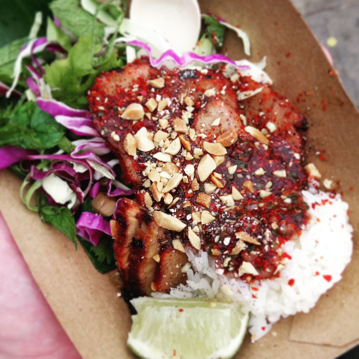foodurchin's tweet photo. OK, so here we go. Dishes eaten at @MeatopiaUK include @ottolenghi's Blythburg pork neck with nahm jim jaew #meatopiauk https://t.co/hzgmxU4FwS