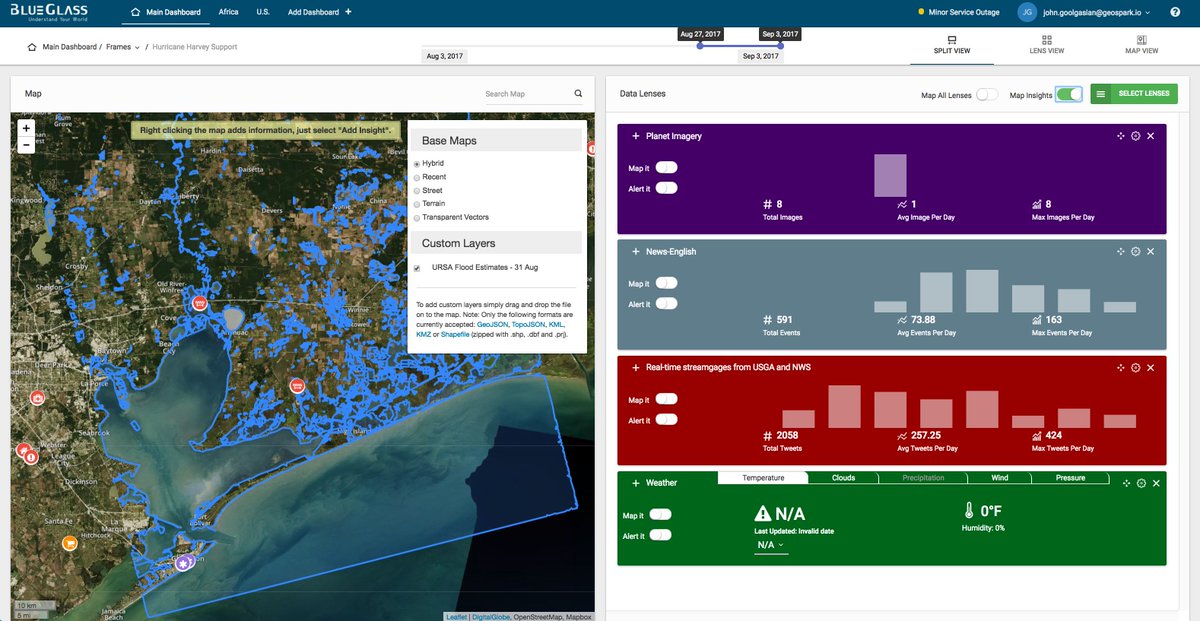 GeoSpark_io's tweet photo. Thanks to our good partners @UrsaSpace for making flood estimates available on #GeoSparkBlueGlass to help #MapHarvey. #HarveyRelief https://t.co/g6p3U51oWl