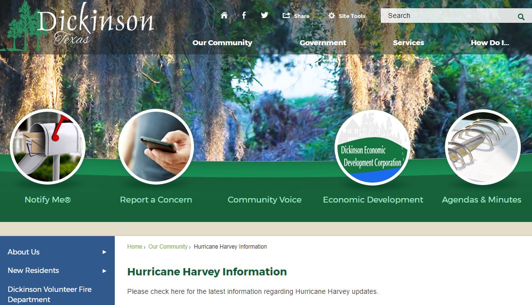 For a summary of up to date Hurricane Harvey news from the City of Dickinson, visit the webpage: ci.dickinson.tx.us/627/Hurricane-…