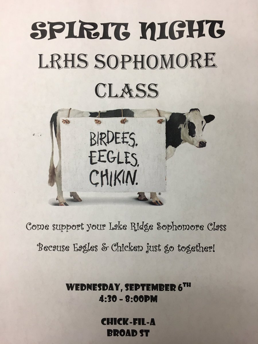 Come out to Chick-Fil-A this Wednesday and make sure to mention LRHS Sophomore Class! All profit goes towards our Senior prom:)