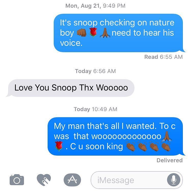 SnoopDogg's tweet photo. Just got text Bac from the nature boy. Ric flair he doing much better. 👊🏾🙏🏾🌹. Thanks for your prayers.  Wooooooooo… https://t.co/6bzaIitqSw https://t.co/wzpeCWmgfw