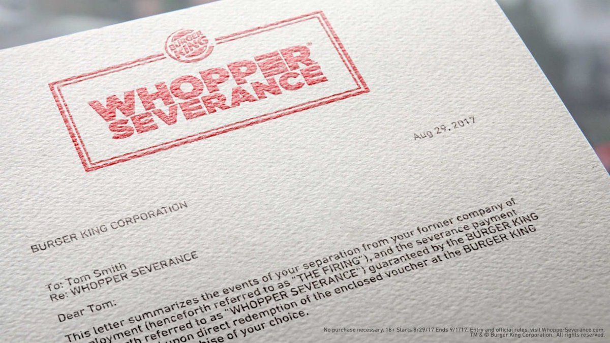 FastCompany's tweet photo. Just got fired? Get #WhopperSeverance from Burger King https://t.co/265OONtpow https://t.co/HQADrkIs3n
