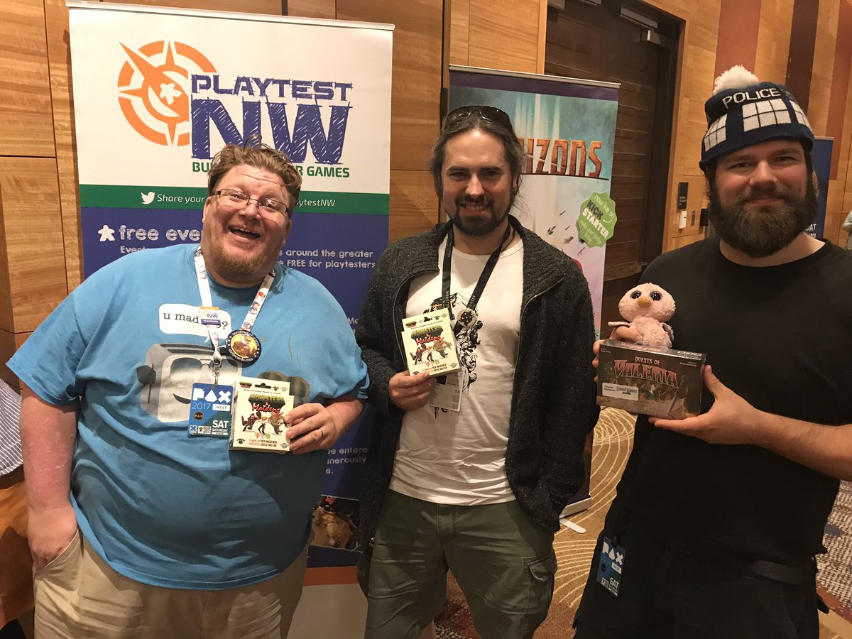 playtestNW's tweet photo. Our 10pm Saturday winners at #PlaytestingAtPAX. Come play with us at #HyattOlive8 and win some games! @rttgamepub @BHGames @_dailymagic_ https://t.co/YwHYtKjyqB